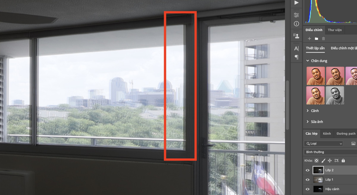 The misalignment in the window frame—highlighted in red—is a clear sign of camera movement between exposures.