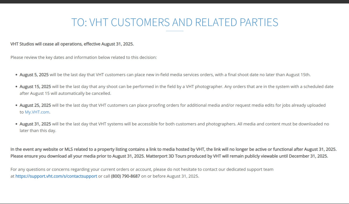 Official announcement on VHT's website