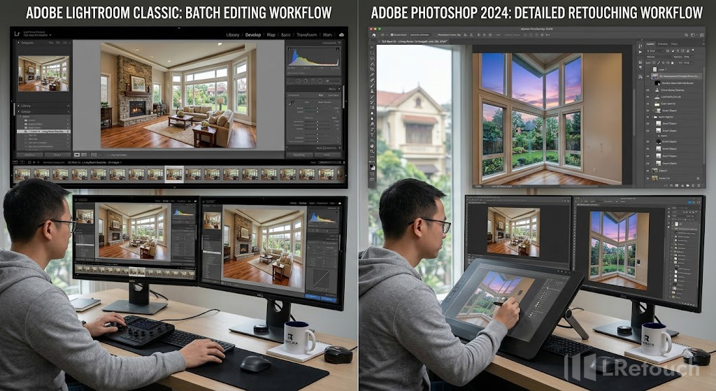 batch editing vs detailed retouching real estate photos