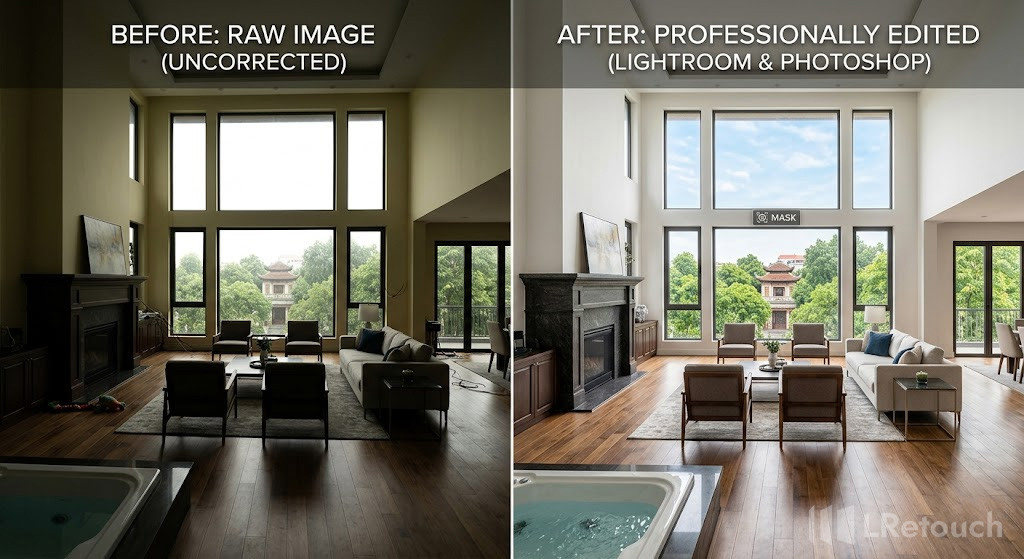real estate photo before and after Lightroom and Photoshop editing