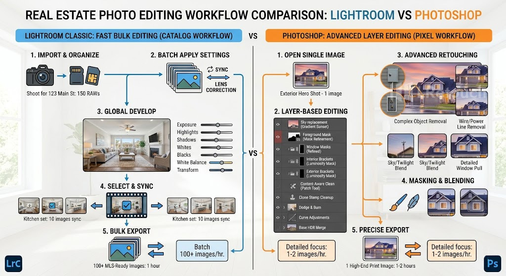 real estate editing workflow comparison Lightroom vs Photoshop