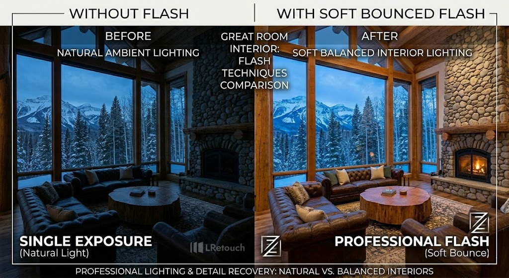 real estate photo using flash lighting for brighter interior