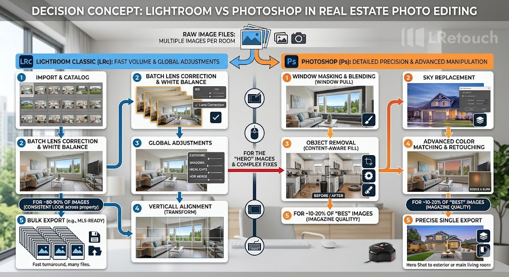 when to use Lightroom vs Photoshop real estate editing