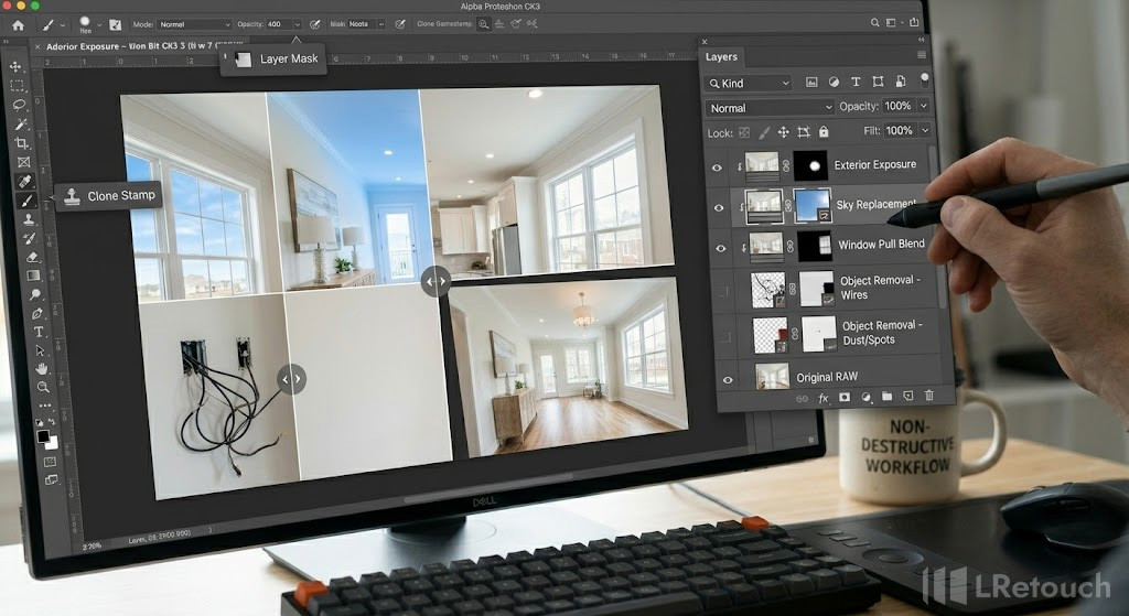 Photoshop real estate editing, layer-based editing, sky replacement and object removal, professional retouching