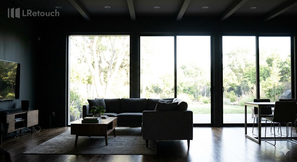 raw real estate photo with poor lighting and overexposed windows