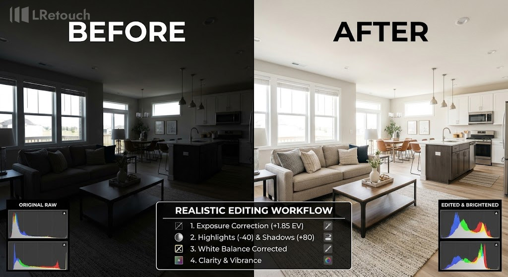 Brightness and exposure correction in real estate photo editing