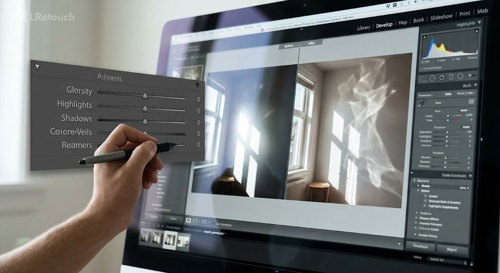 Photo editing sliders adjusting highlights and shadows to balance interior contrast.