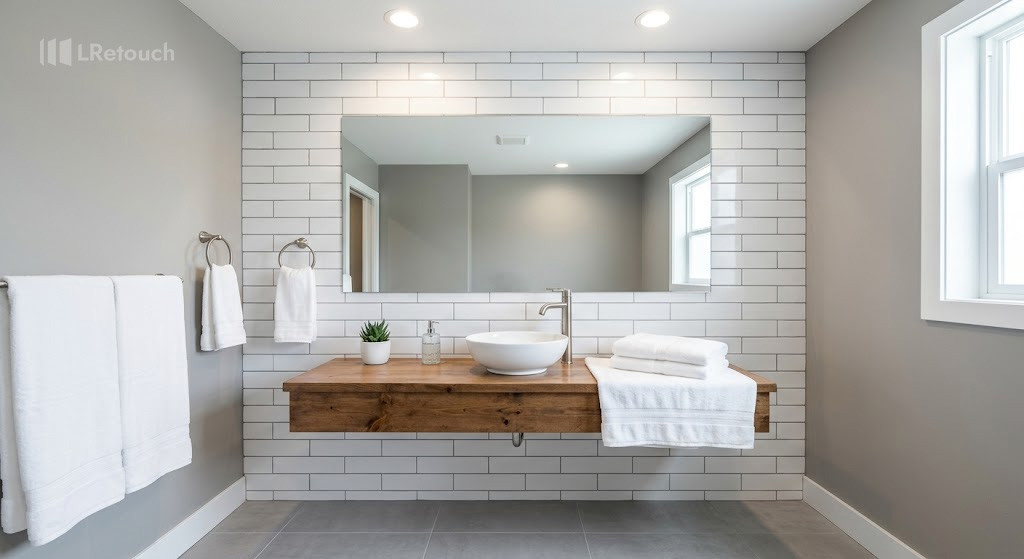Color-corrected real estate bathroom photo with accurate manual white balance settings.