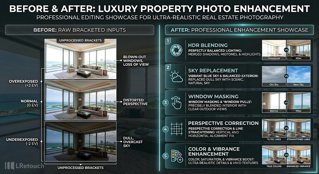 Advanced real estate photo enhancement before and after