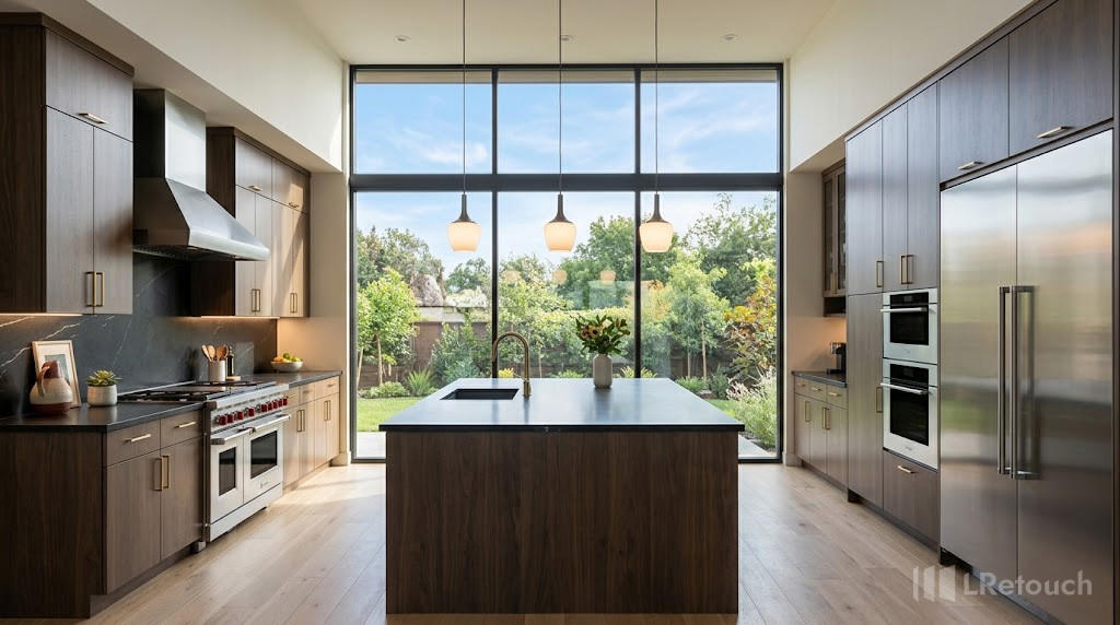 Balanced real estate HDR editing merging highlights and shadows in a sunlit kitchen.