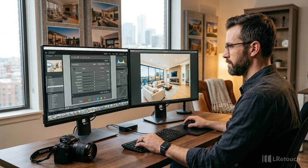 Photographer self-editing real estate photos in Lightroom