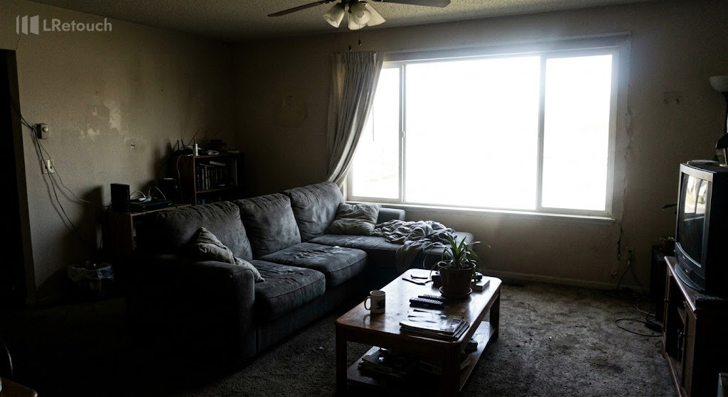 Overexposed blown-out windows and dark interior in an unedited real estate photo.