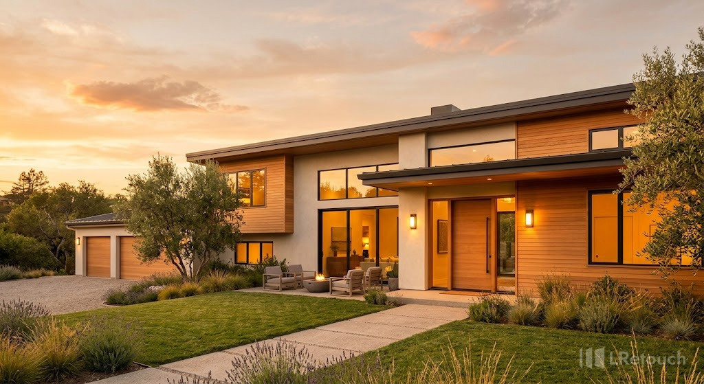 Front exterior of a modern luxury home shot during twilight golden hour.
