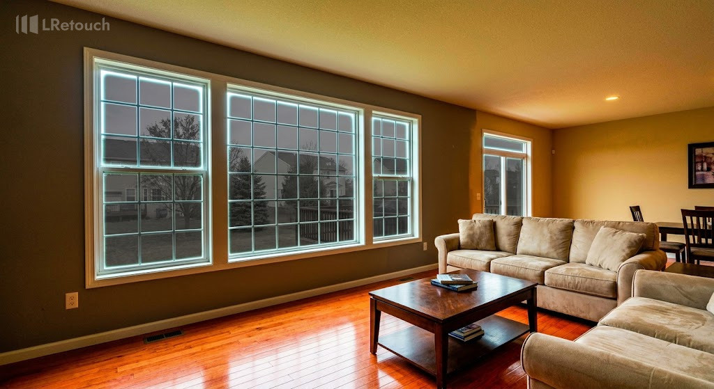 Badly processed real estate photo with unnatural HDR halos and over-darkened windows.