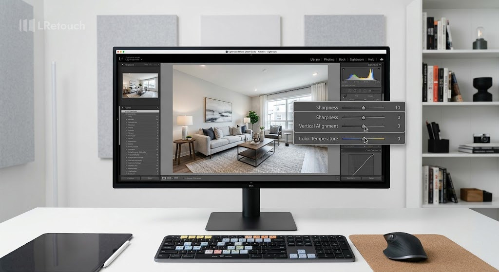 Real estate photo editor workspace adjusting alignment and color correction on a monitor.
