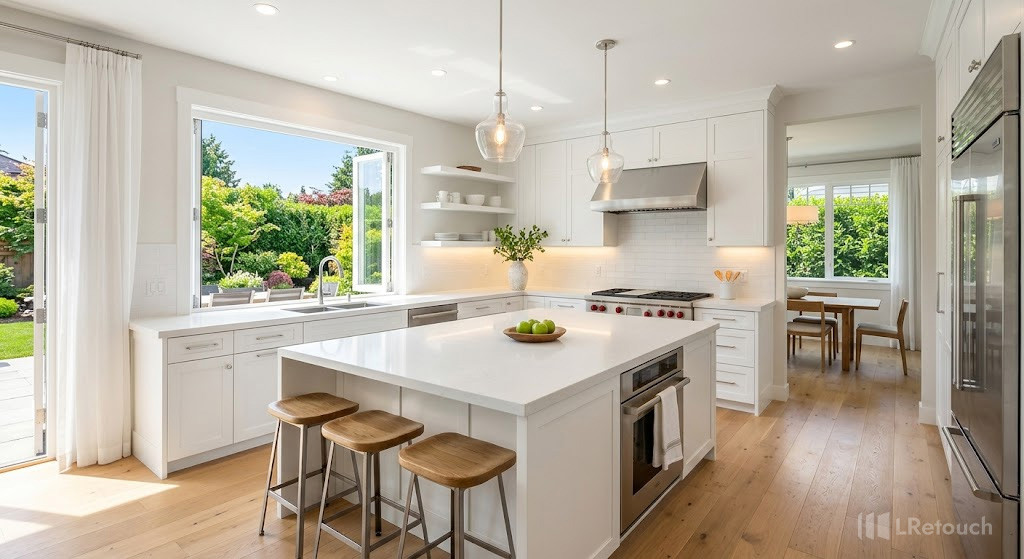 Well-lit and decluttered kitchen ready for a real estate photography session.