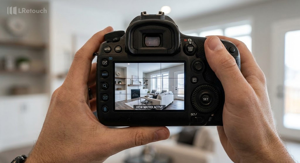 Measuring and aligning vertical lines using gridlines for accurate real estate photography.