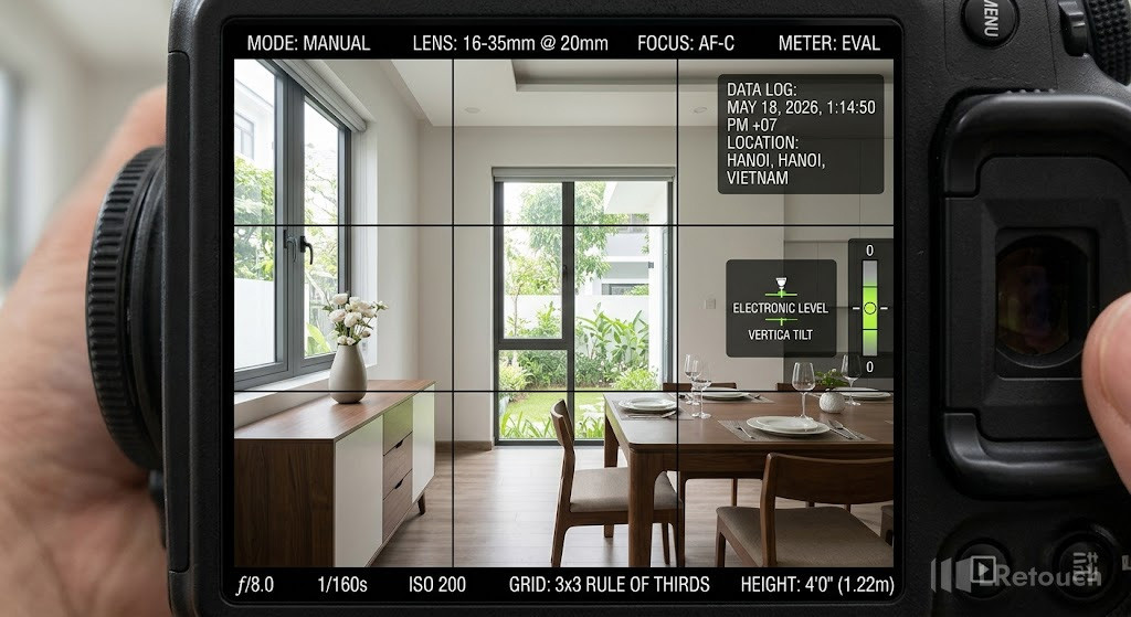 Camera positioned 4 feet high with straight vertical alignment for property photography.