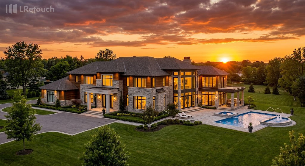 Luxury home exterior photographed during golden hour