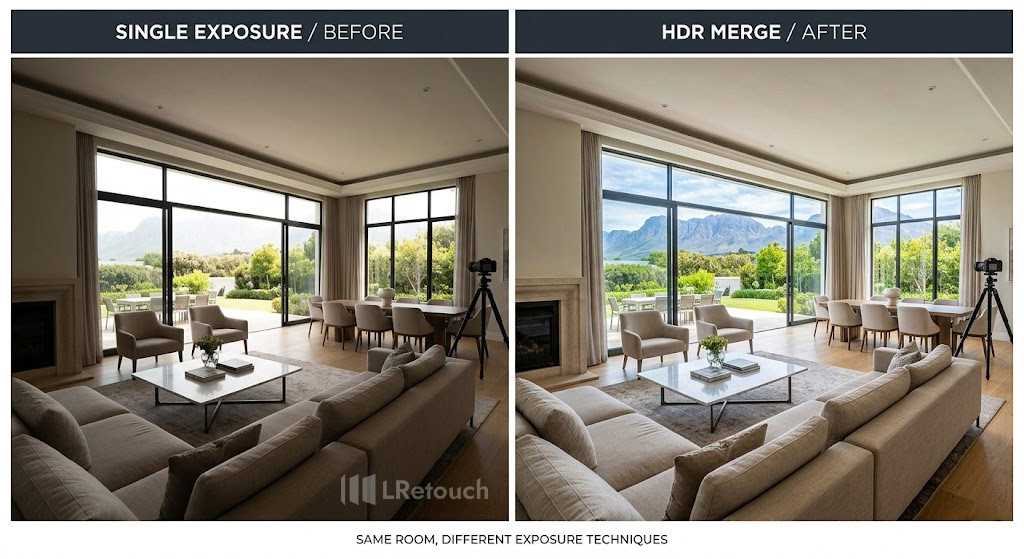 Visual comparison of HDR and single exposure real estate photos