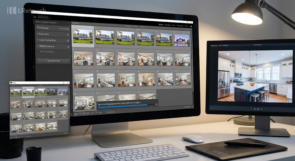Batch processing and fast real estate photo editing workflow on a computer monitor.