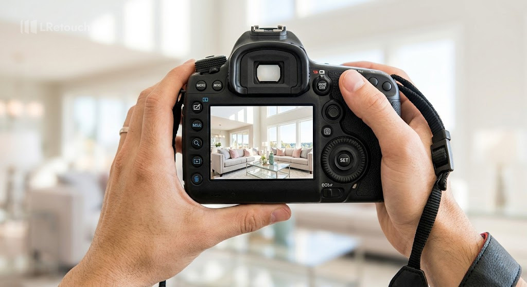 Professional photographer holding a camera displaying a vibrant edited real estate photo on the screen.