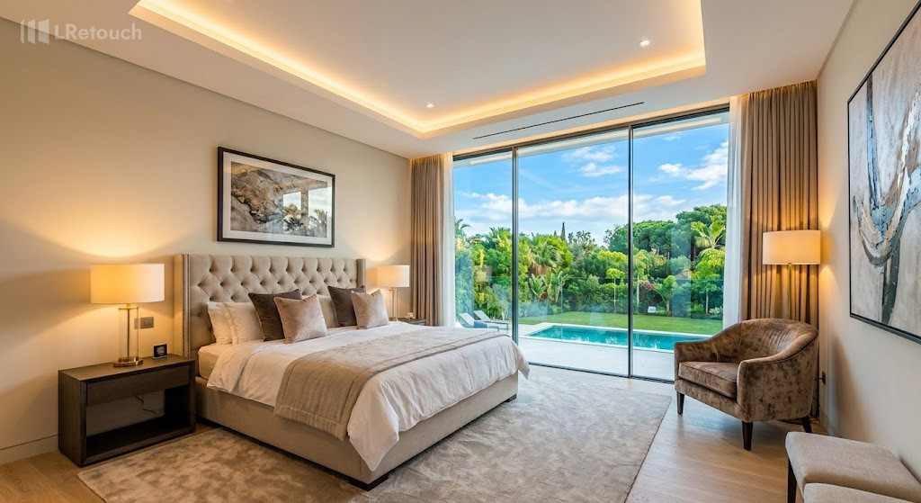 Professionally fixed window exposure in a bright real estate bedroom photo.