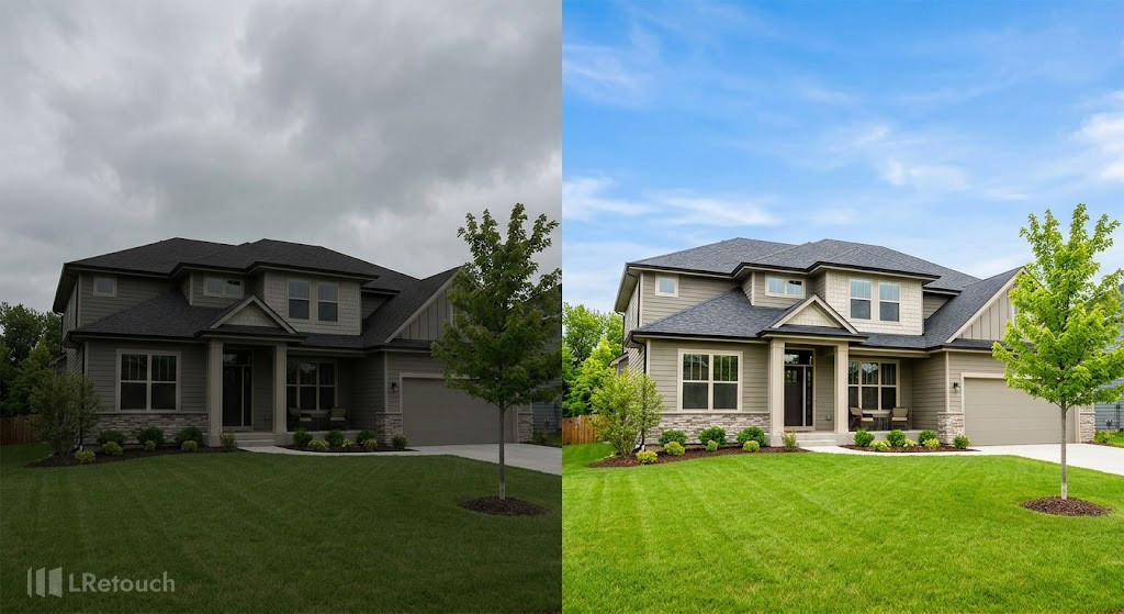 AI real estate photo editing software transforming a dull listing photo with sky replacement.