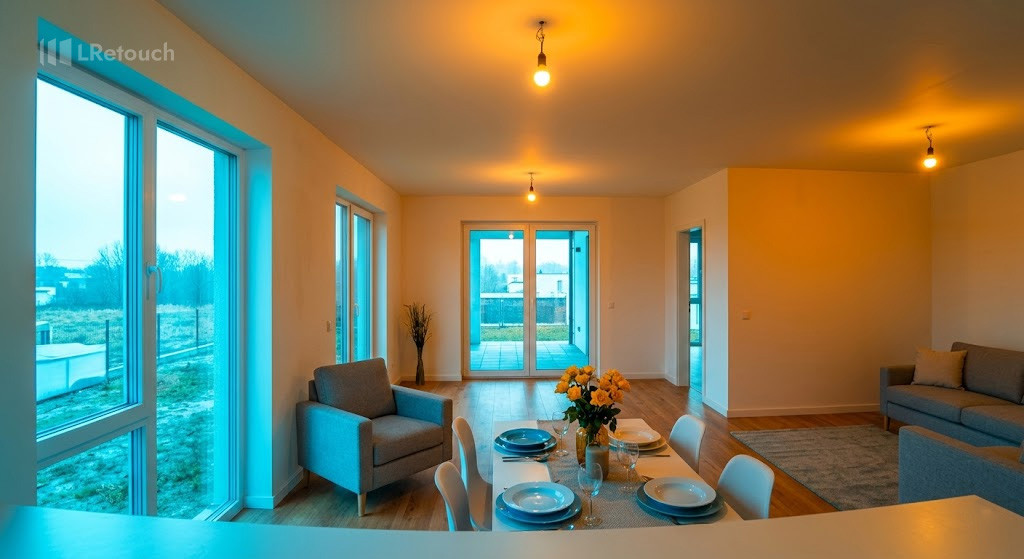 Real estate interior photo showing incorrect white balance with unnatural yellow and blue color casts.