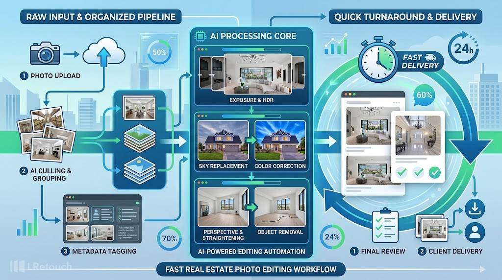 Efficient real estate photo editing workflow infographic