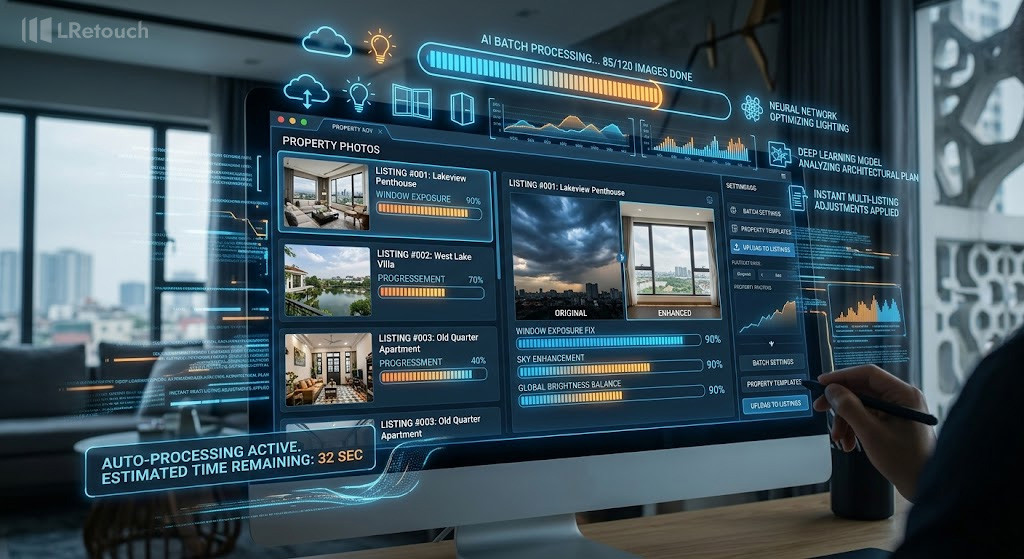 Automated AI real estate editing software optimizing window exposure and brightness.