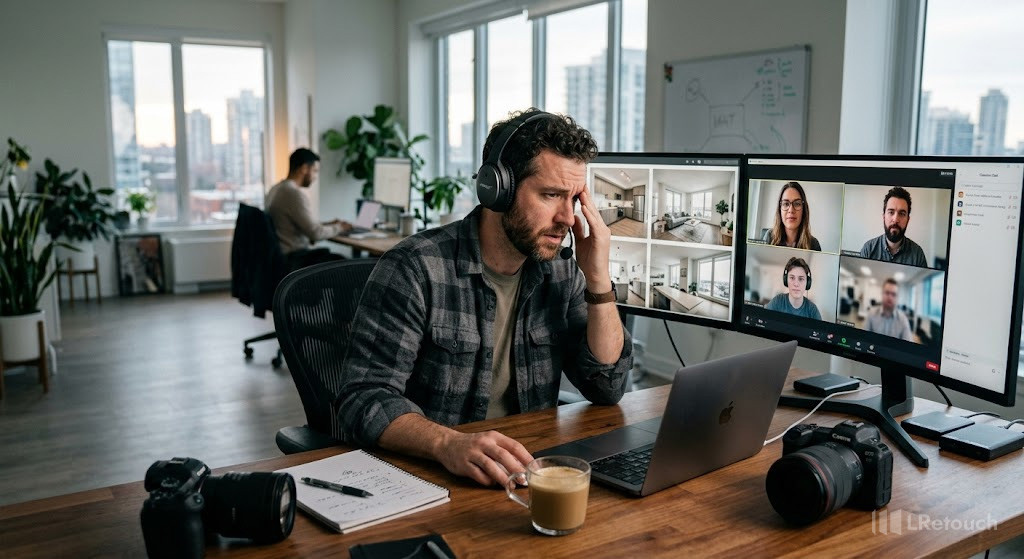 Photographer reviewing outsourced property photo edits