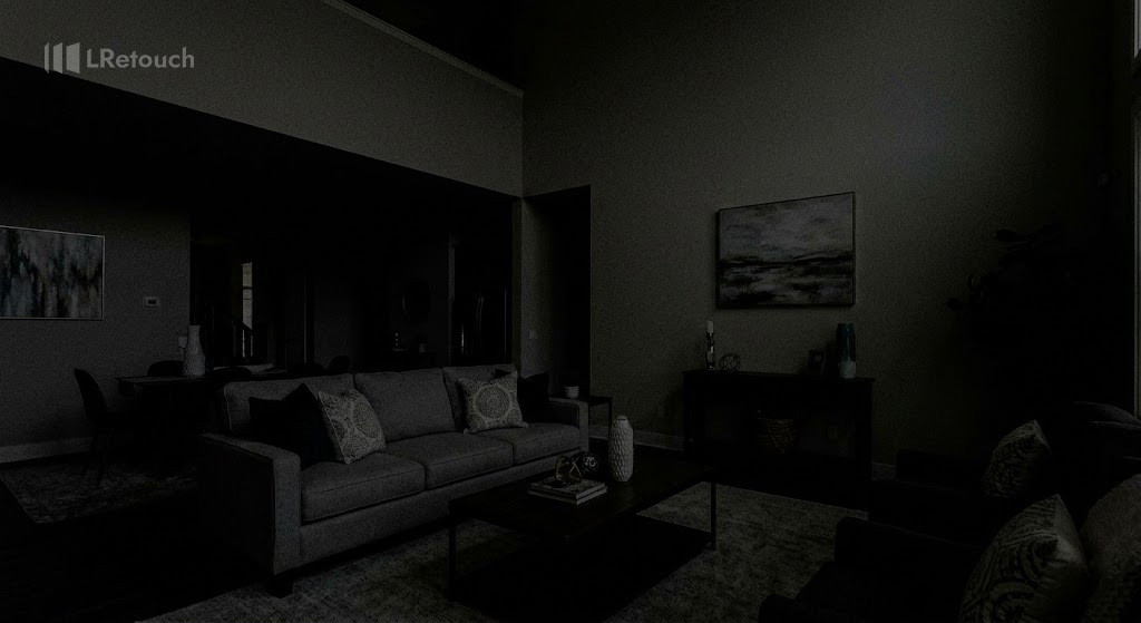 Underexposed and dark real estate interior photo with poor lighting and muddy shadows.