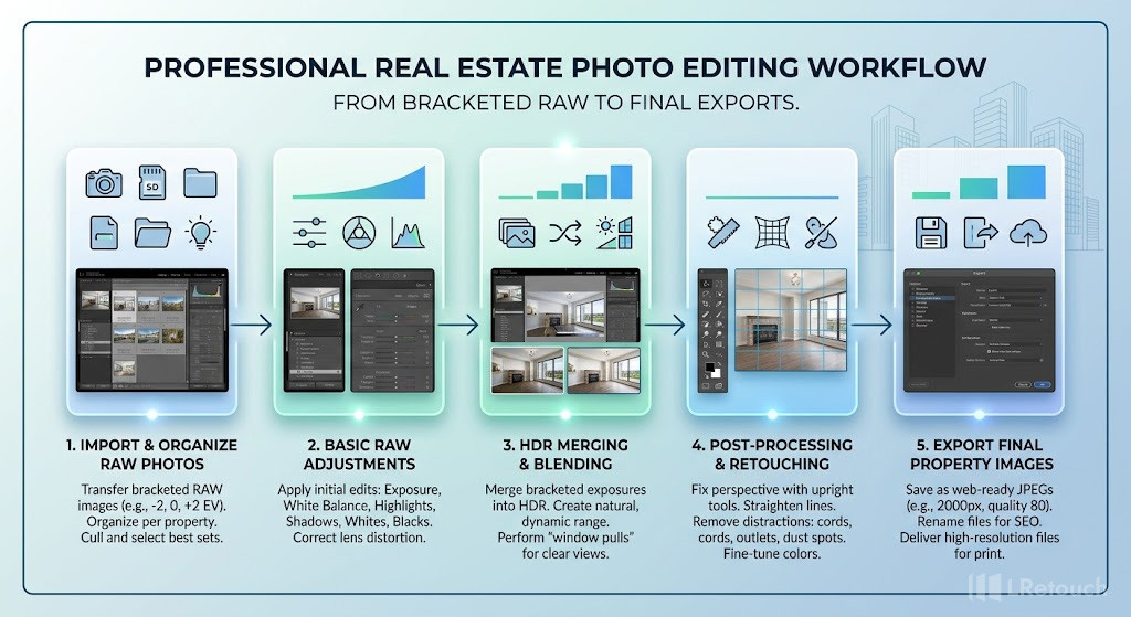 Professional real estate photo editing workflow process