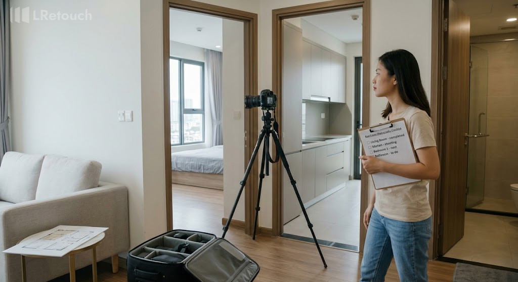 Beginner real estate photography workflow inside modern home