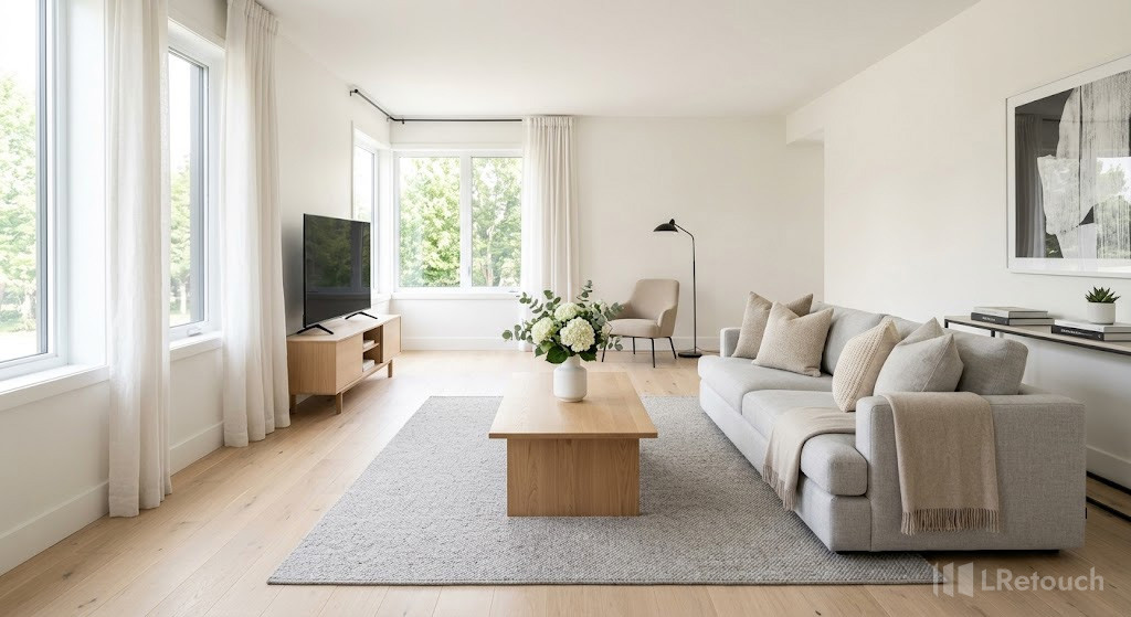 Staged and decluttered modern living room prepared for a real estate listing photo.