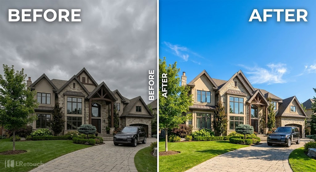Sky replacement for exterior real estate photos