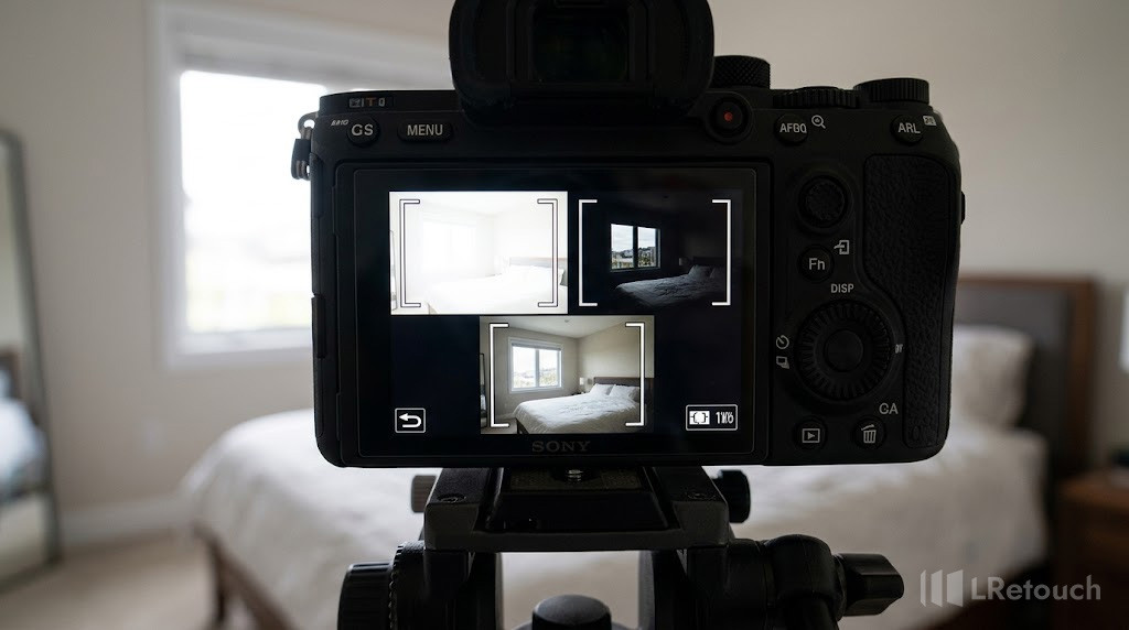 Digital camera screen displaying three bracketed exposures for real estate photography.