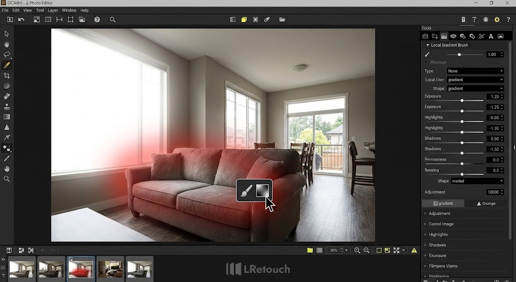 Using local adjustment brush tools for targeted exposure fixes in real estate photos.