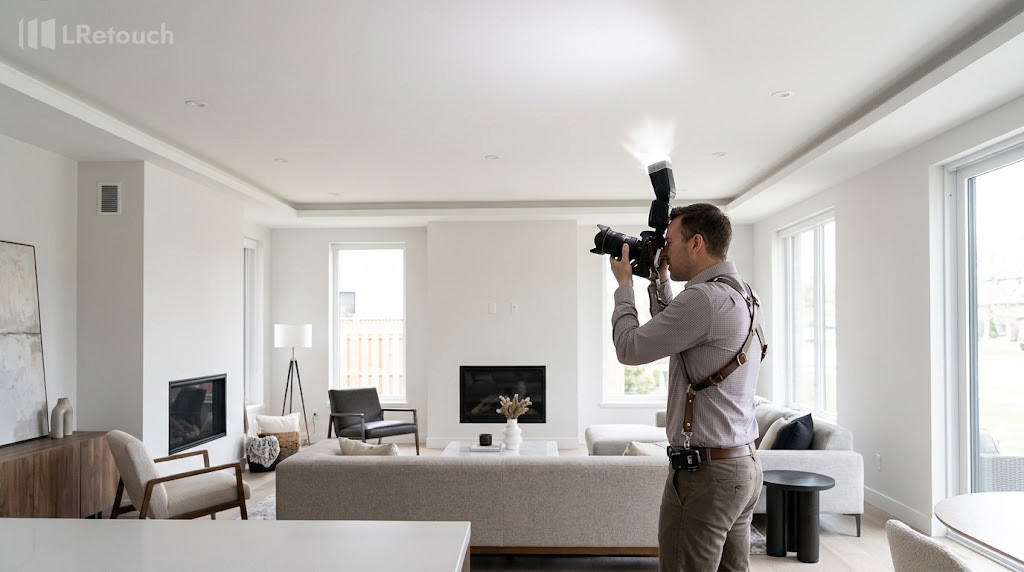 External camera flash bouncing light off the ceiling for balanced interior photography.
