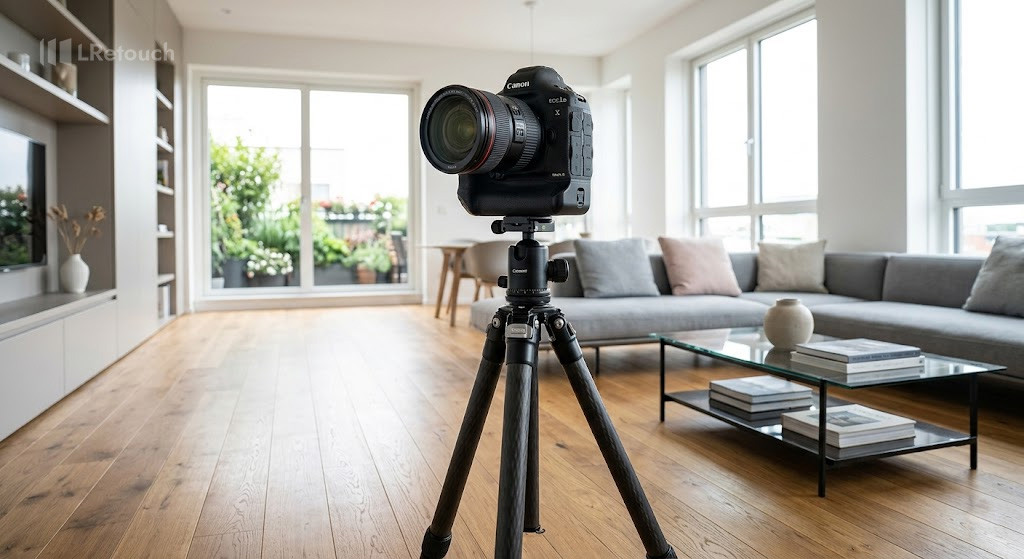 Professional camera mounted on a tripod inside a bright modern real estate listing.