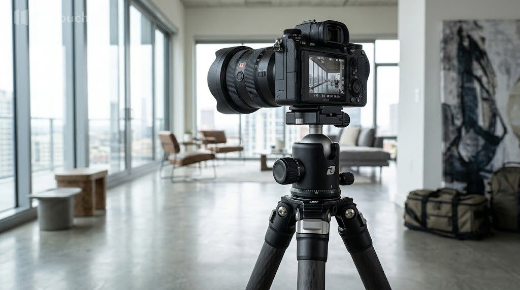Professional DSLR camera with a wide angle lens mounted on a tripod for real estate shoots.