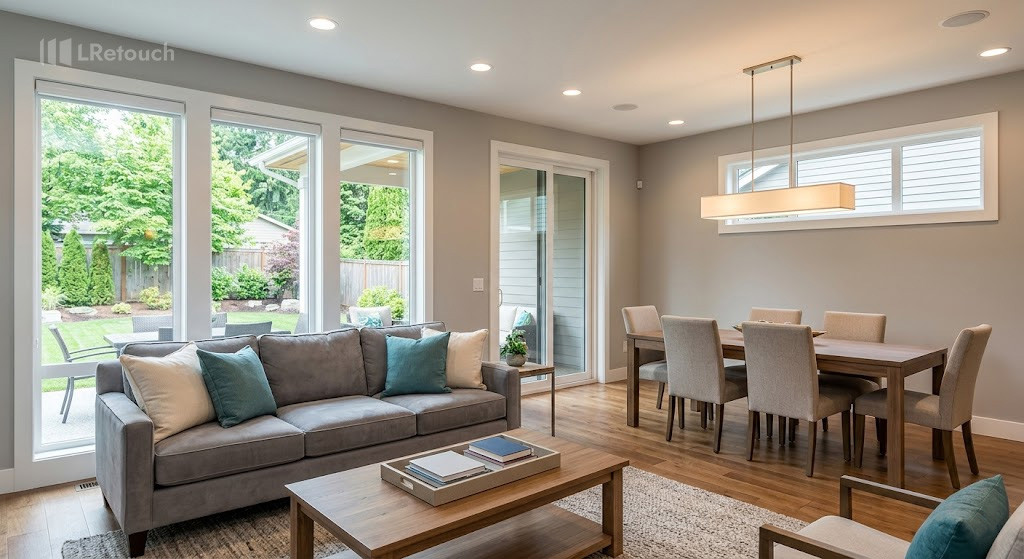 Professionally shot living room using the flambient technique blending flash and ambient light.