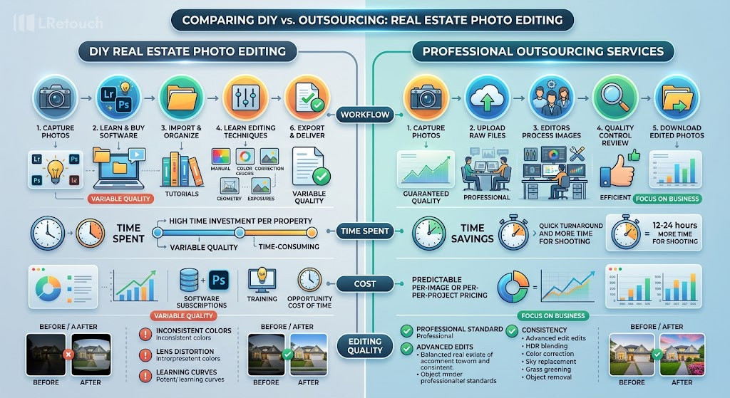 DIY vs outsourced real estate photo editing workflow comparison
