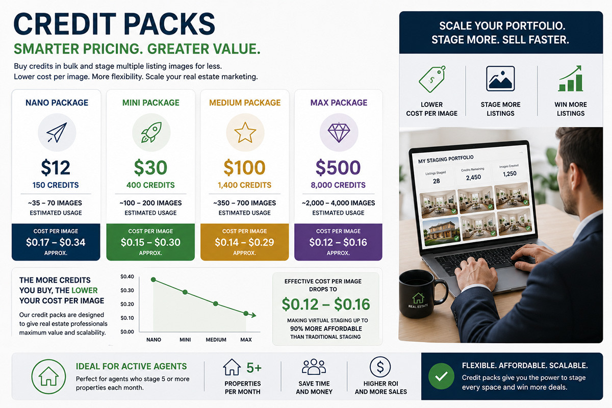 Virtual staging credit pack pricing model showing bulk credits, lower cost per image, and scalable real estate marketing solutions.