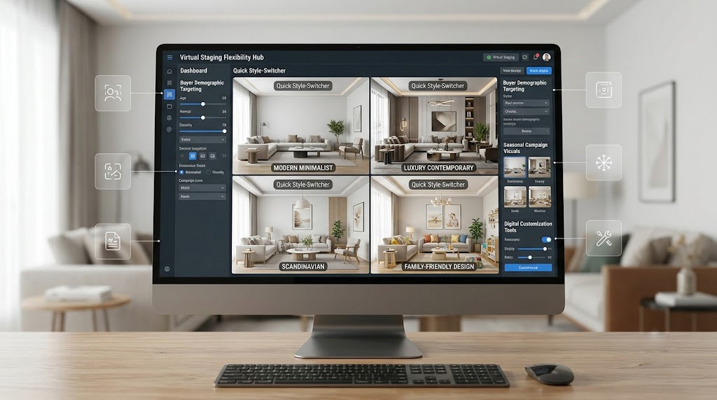 Virtual staging software displaying multiple interior design styles for the same property