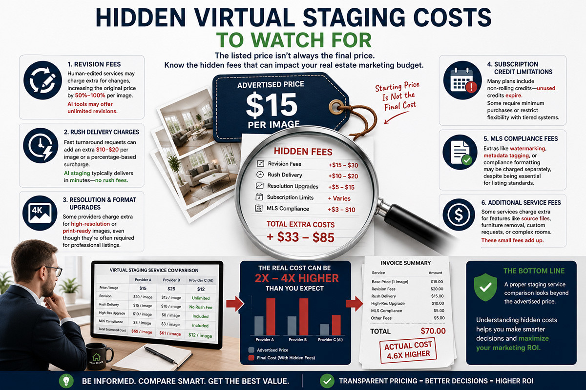 Hidden virtual staging costs including revision fees, rush delivery charges, subscription limitations, and MLS compliance expenses.