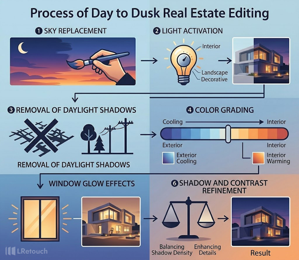Process of day to dusk real estate editing