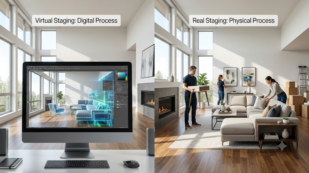 Virtual staging versus real staging comparison showing digital home staging and physical home staging methods in real estate marketing.