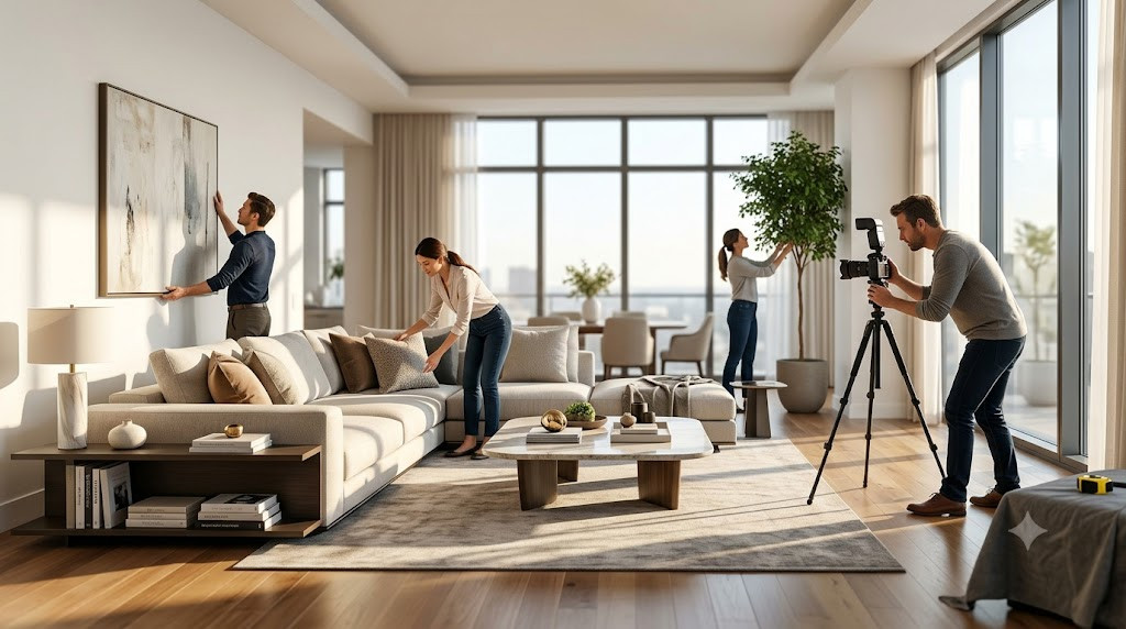 Professional home stagers arranging furniture and decor in a luxury living room for real estate staging.